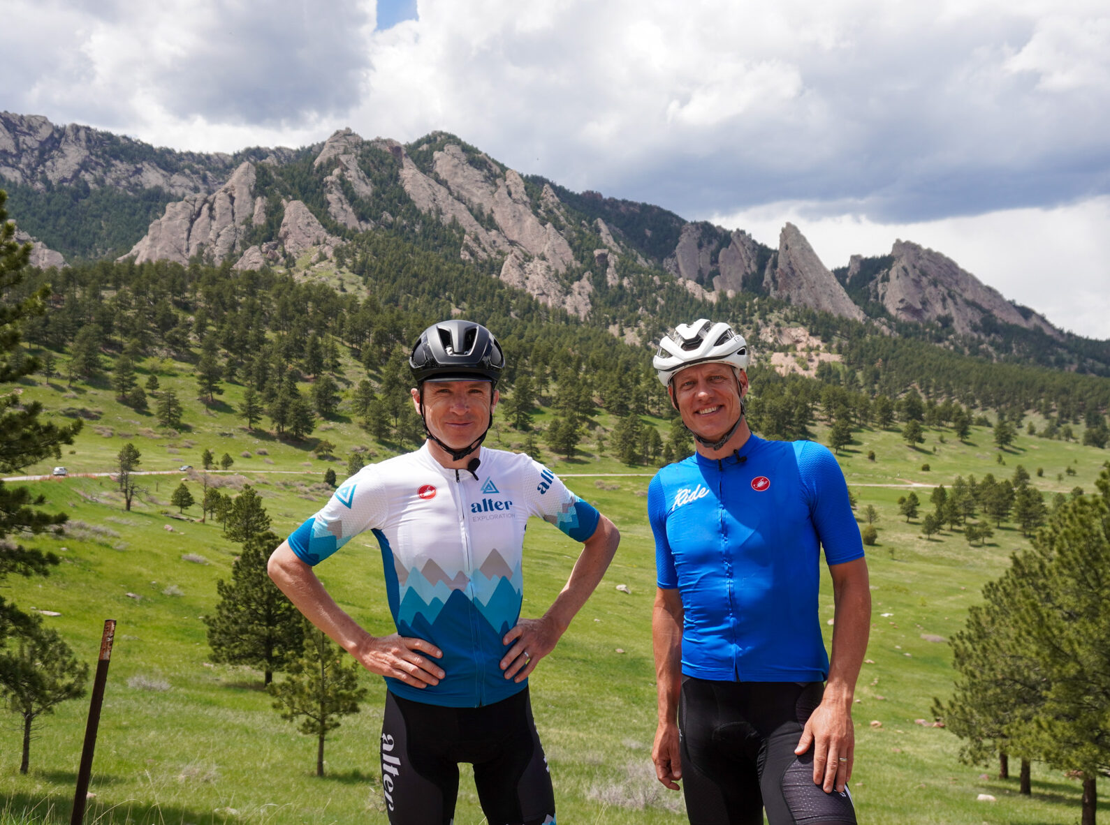 Chris Case and Ben Delaney in front of the Flatirons of Boulder